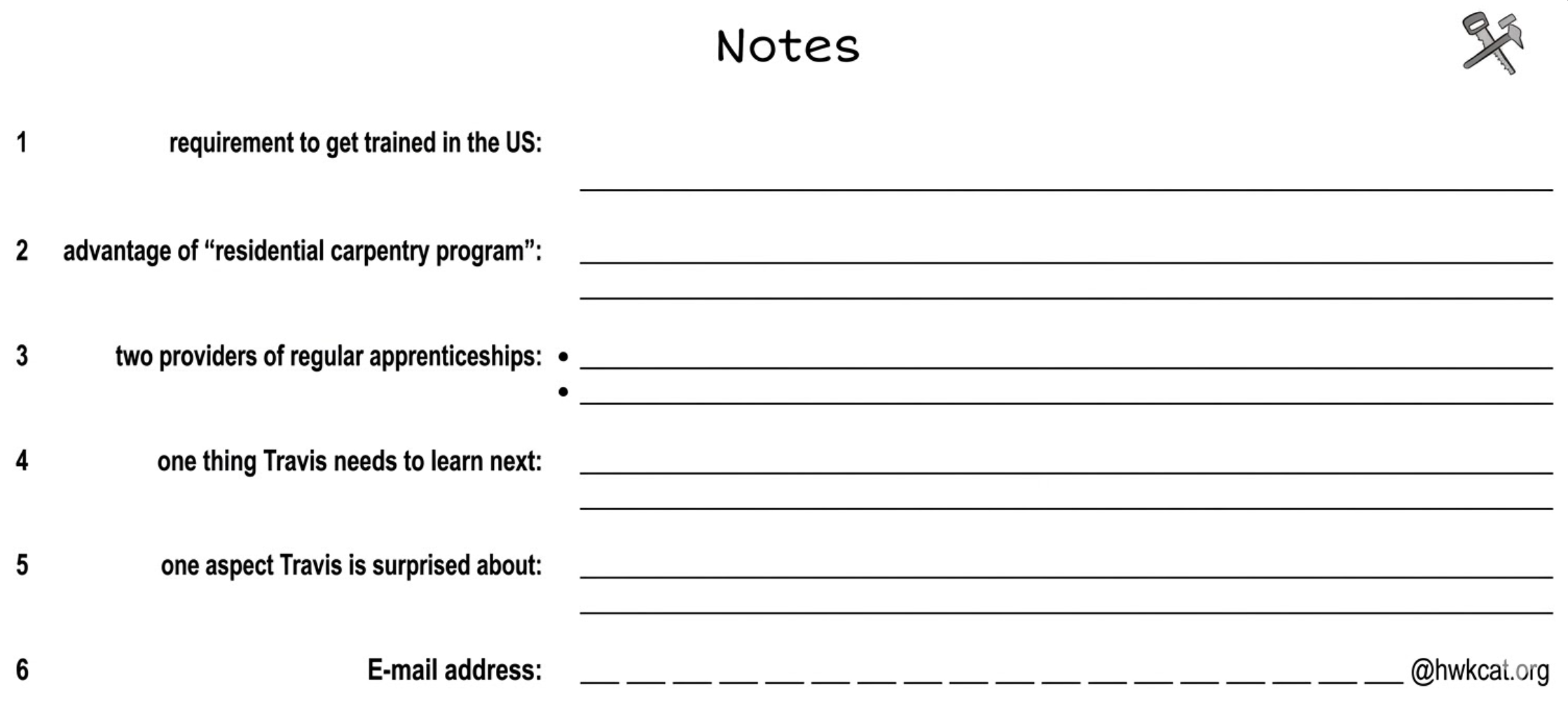 Leeres Notizblatt "Notes" mit Fragen zu Ausbildungsprogrammen, nummerierten Linien und E‑Mail-Feld (@hwkcat.org)